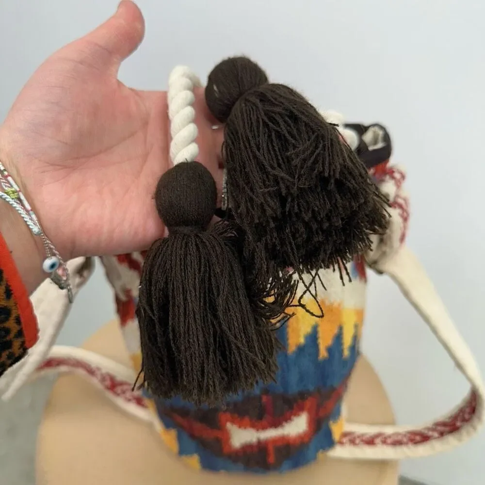 Ruggine Hand Woven Aztec Inspired Boho Bucket Bag With Shoulder Crossbody Strap